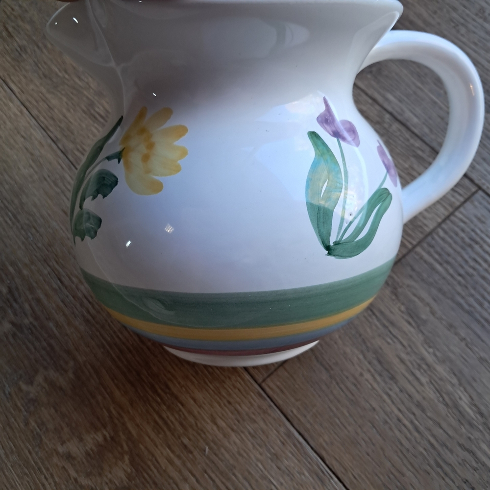 Caleca Italy Tania Hand Painted Ceramic Pitcher - Floral & Rainbow Stripe 6"